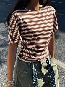 Coolane Women's Summer Minimalist Y2K Basic Daily Wear Casual Back To School Streetwear Stretchy White Loose Ruched Crop Tees - Coffee Brown - View 8
