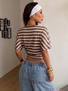 Coolane Women's Summer Minimalist Y2K Basic Daily Wear Casual Back To School Streetwear Stretchy White Loose Ruched Crop Tees - Coffee Brown - View 9