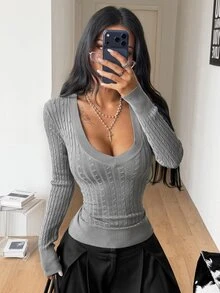 Coolane Women's Casual Versatile Solid Color Slim Fit Sweater - Grey - View 1
