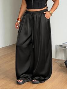 Coolane Women's Plus Size Summer Fall Vacation Going Out Formal Casual Soft Form Modest Elegant Smart Boho Outfit Plus Size Drawstring Waist Black Pants - Black - View 1