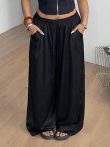 Coolane Women's Plus Size Summer Fall Vacation Going Out Formal Casual Soft Form Modest Elegant Smart Boho Outfit Plus Size Drawstring Waist Black Pants - Black - View 5