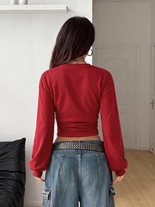 Coolane Women's Fall/Winter Going Out Solid Color Streetwear Ruched Waist Cropped Red Sweatshirt - Red - View 2