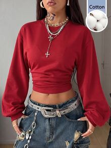 Coolane Women's Fall/Winter Going Out Solid Color Streetwear Ruched Waist Cropped Red Sweatshirt - Red - View 3