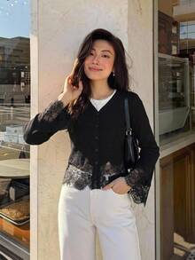 Serisse 女款純色對比蕾絲長袖單排扣針織薄款開襟衫 教師節早午餐晚餐夜生活 黑色秋季法式優雅 - 黑色 - 查看 6