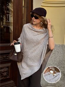 Serisse Women's Solid Color Cape Design Asymmetrical Hem Loose Casual Sweater - Camel - View 5
