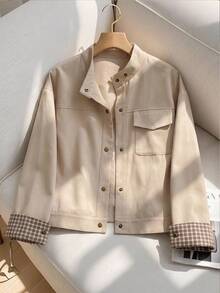 Muvela Women's Single-Breasted Plaid Casual Long-Sleeved Jacket, Work , Back To School, Fall - Khaki - View 1