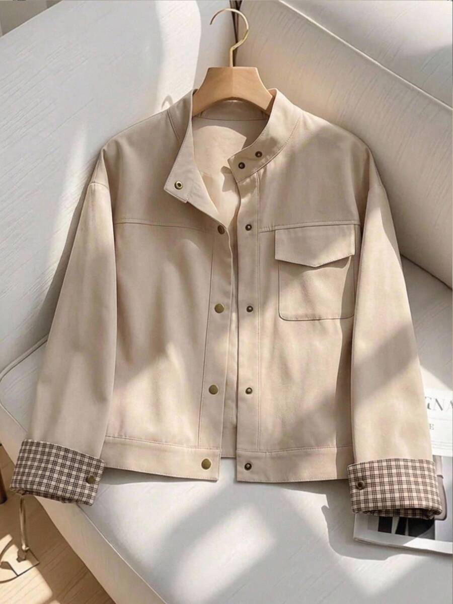 Muvela Women's Single-Breasted Plaid Casual Long-Sleeved Jacket, Work , Back To School, Fall - Khaki - View 1