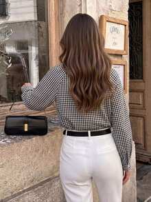 Serisse Camisa de cuadros elegante con lazo para mujer - Negro - Ver 3