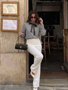 Serisse Camisa de cuadros elegante con lazo para mujer - Negro - Ver 4