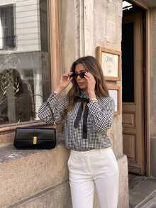 Serisse Camisa de cuadros elegante con lazo para mujer - Negro - Ver 7