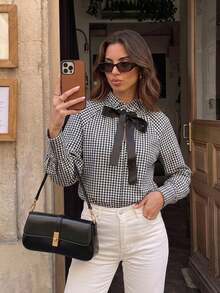 Serisse Camisa de cuadros elegante con lazo para mujer - Negro - Ver 5
