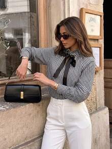 Serisse Camisa de cuadros elegante con lazo para mujer - Negro - Ver 1