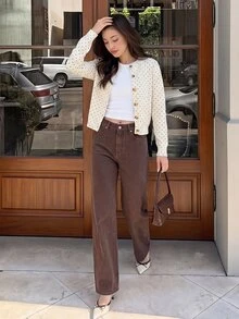 Serisse 女款波點單排扣休閒法式日常長袖開襟衫 早午餐穿搭 黑白配色 秋季 - 米色 - 查看 6