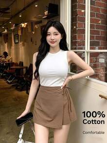 SHEIN Frenchy Women's Vacation Casual Solid Color Tie-Wrap Shorts - Khaki - View 1