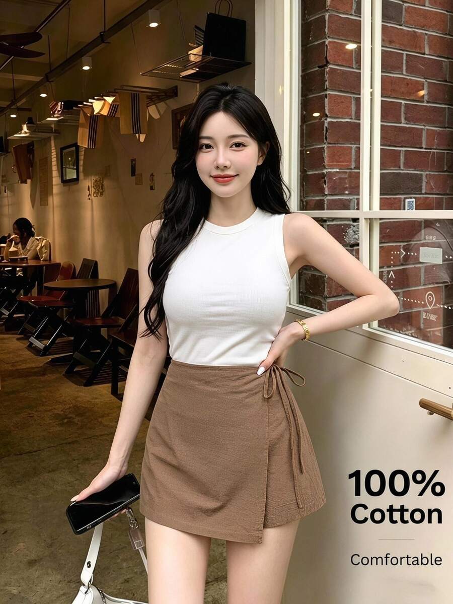 SHEIN Frenchy Women's Vacation Casual Solid Color Tie-Wrap Shorts - Khaki - View 1
