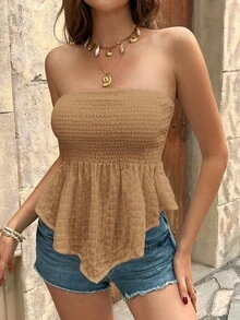SHEIN Frenchy Women's Solid Color Ruffled Hem Bandeau Top, For Holiday Brown Summer Casual - Khaki - View 4