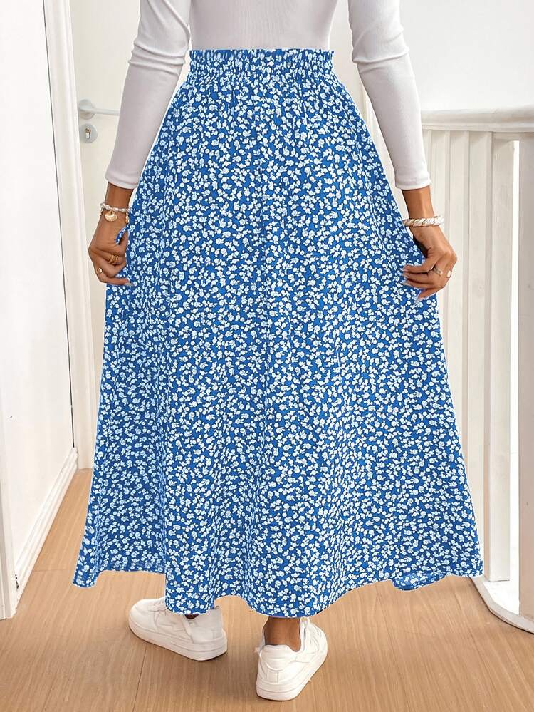 SHEIN Frenchy Women's Holiday Casual Boho Romantic Ditsy Floral Split Hem Long Skirt Summer Vacation Flower Vacation Blue And White - Blue - View 2