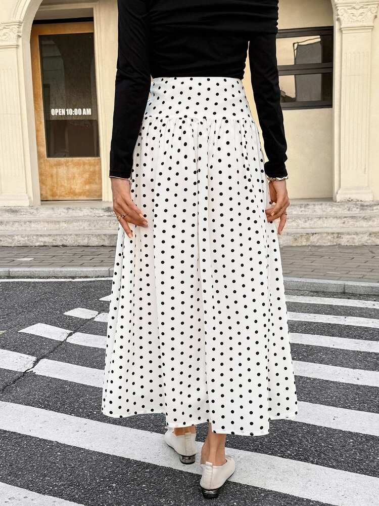 Serisse Women's French-Style Elegant Polka Dot Print Long Skirt For Fall White Women Party New Year Autumn Winter Black And Midi Casual Spring - Beige - View 2