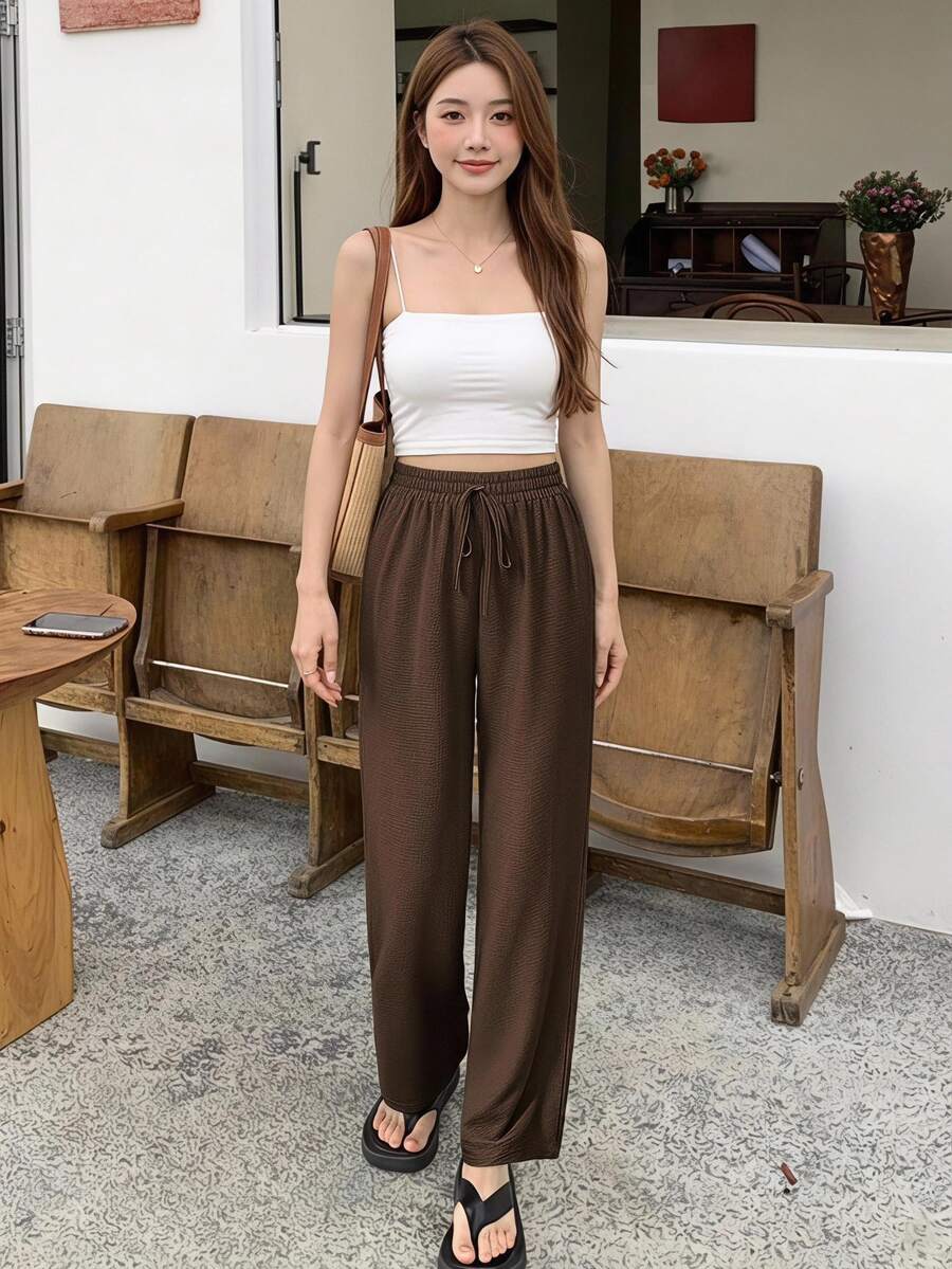 SHEIN Frenchy Women's Summer Solid Color Drawstring Waist Straight Leg Pants
