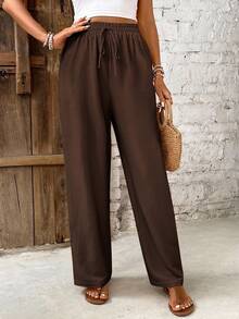 SHEIN Frenchy Women's Summer Solid Color Drawstring Waist Straight Leg Pants - Brown - View 4