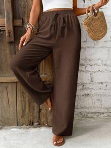 SHEIN Frenchy Women's Summer Solid Color Drawstring Waist Straight Leg Pants - Brown - View 6