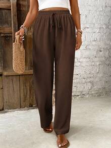 SHEIN Frenchy Women's Summer Solid Color Drawstring Waist Straight Leg Pants - Brown - View 5