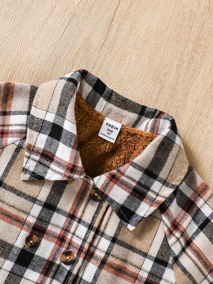 SHEIN Elladie kids Young Girls Plaid Winter Coat, Thickened Plush Lined Flared Hem Shacket, Cute Long Sleeve Button Up Tartan Jacket Outerwear For School Clothes - Khaki - View 4