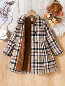 SHEIN Elladie kids 女童格紋冬季外套，加厚毛絨內裡喇叭下擺襯衫夾克，可愛長袖鈕扣開襟蘇格蘭格紋外套，適合學校與感恩節穿著 - 卡其色 - 查看 6
