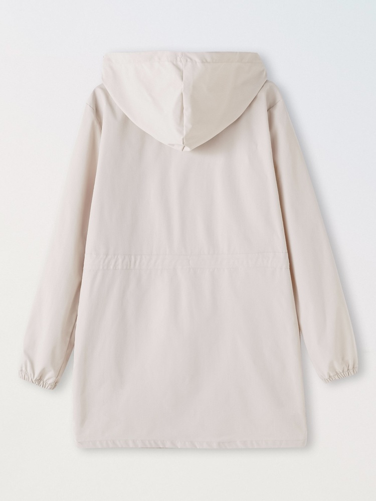 Teen Girl Casual Commuter Solid Color Drawstring Waist Hooded Jacket, Button Front Long Sleeve Lightweight Windbreaker, Fall Winter Daily Outerwear - Apricot - View 2