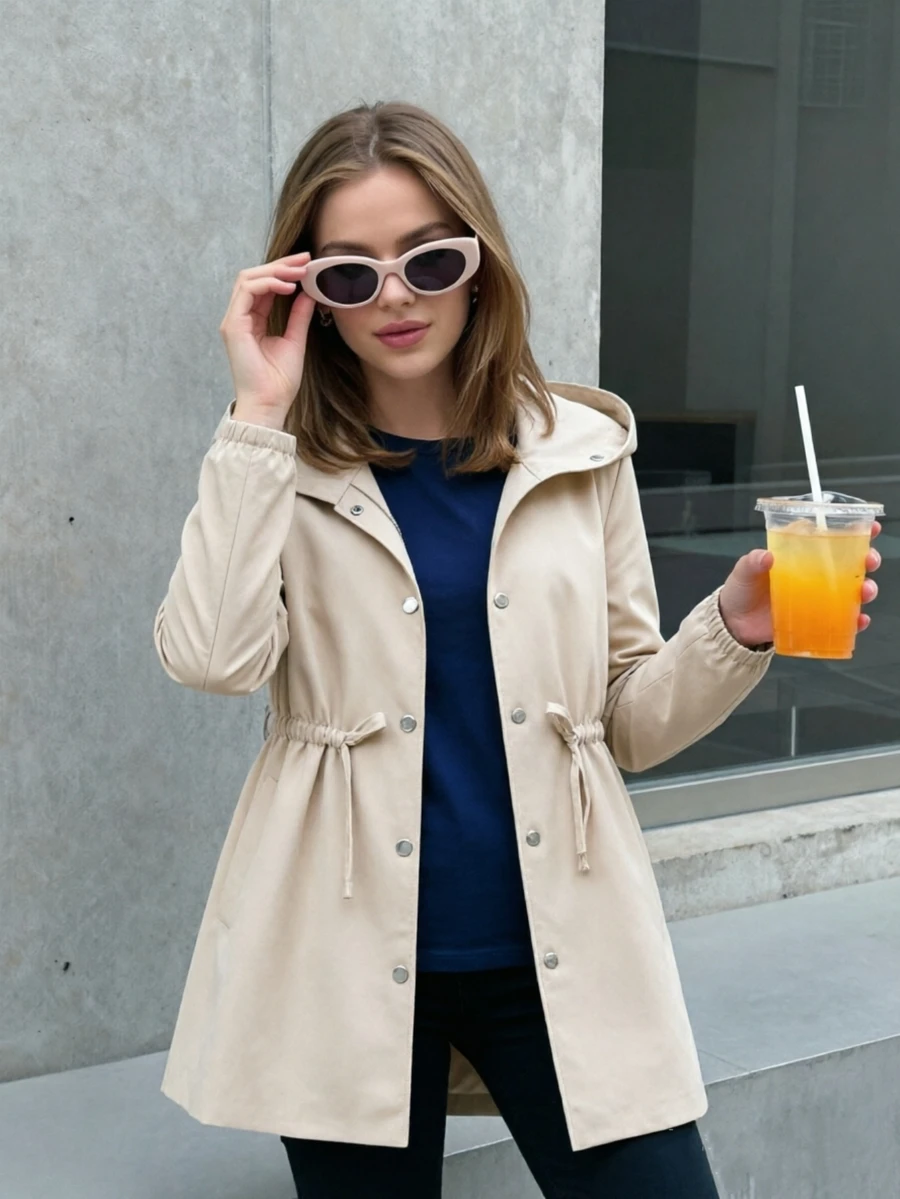 Teen Girl Casual Commuter Solid Color Drawstring Waist Hooded Jacket, Button Front Long Sleeve Lightweight Windbreaker, Fall Winter Daily Outerwear - Apricot - View 1