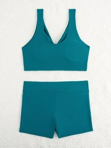 SHEIN Swim 1 pieza Traje de baño de mujer de color liso con tirantes de espagueti & Pantalones de baño triangulares, de moda para el verano - Azul Cadete - Ver 5