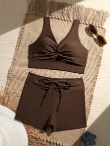 Swim Vcay Women's Solid Color Minimalist Daily Swimwear Set - Coffee Brown - View 3