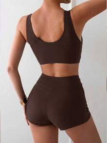 Swim Vcay Women's Solid Color Minimalist Daily Swimwear Set - Coffee Brown - View 2