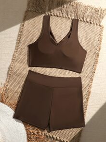 Swim Vcay Women's Solid Color Minimalist Daily Swimwear Set - Coffee Brown - View 4