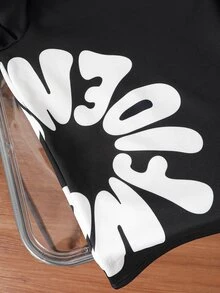 1件青少年男孩圓領長袖上衣，純黑色主體搭配白色字母印花設計，適合春秋季室內外穿著 - 黑色 - 查看 9