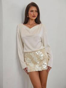 Aloruh Elegant Sexy Backless Blouse, White And Gold Long Sleeve Top For Commuting Party Night Night Out Club Autumn/Winter,Y2K,Basic,Office,Work Tops,Basic - Apricot - View 2