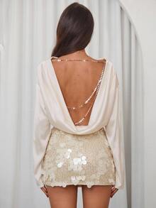 Aloruh Elegant Sexy Backless Blouse, White And Gold Long Sleeve Top For Commuting Party Night Night Out Club Autumn/Winter,Y2K,Basic,Office,Work Tops,Basic - Apricot - View 5