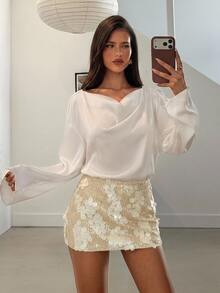 Aloruh Elegant Sexy Backless Blouse, White And Gold Long Sleeve Top For Commuting Party Night Night Out Club Autumn/Winter,Y2K,Basic,Office,Work Tops,Basic - Apricot - View 4