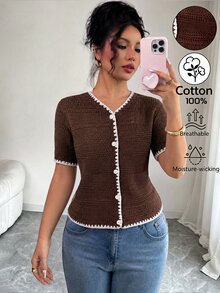 Elenzga 秋季優雅復古法式休閒度假風扇形下擺V領針織襯衫女款開襟衫，深棕色條紋，適合早午餐與茶會 - 棕色 - 查看 1