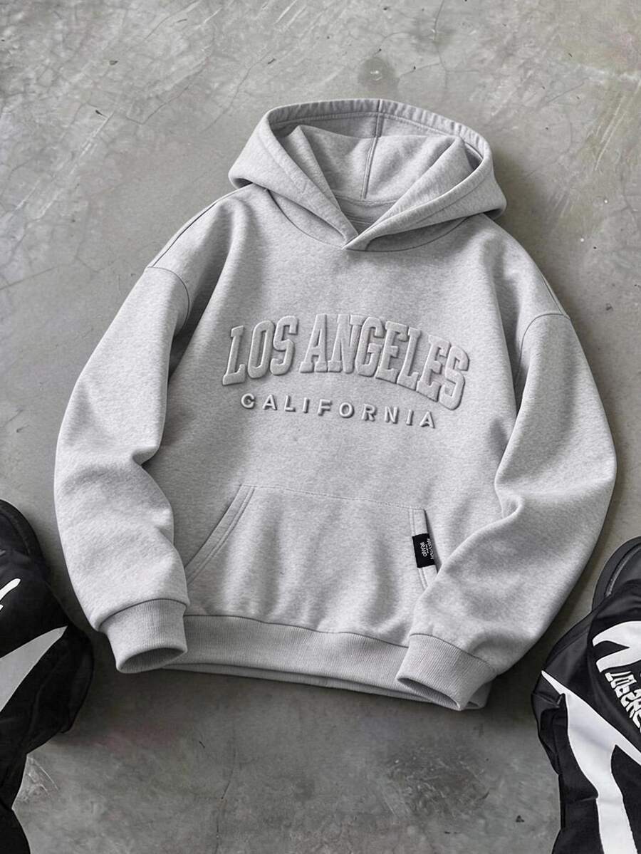 SHEIN Vacaura 1件青少年男孩休閒極簡壓紋套頭衛衣,舒適版型,秋冬新款,適合休閒運動穿著與多季節穿搭 - 灰色 - 查看 1