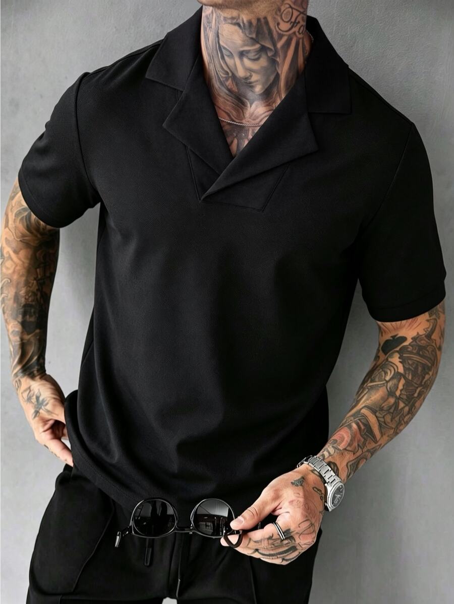 SLATEMANN Men's Summer Casual Versatile Solid Color Polo Shirt - Black - View 1