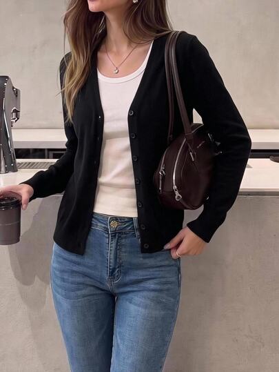 Easowa Solid Button Up Cardigan,Long Sleeve Tops,Tops For School In Fall/Winter