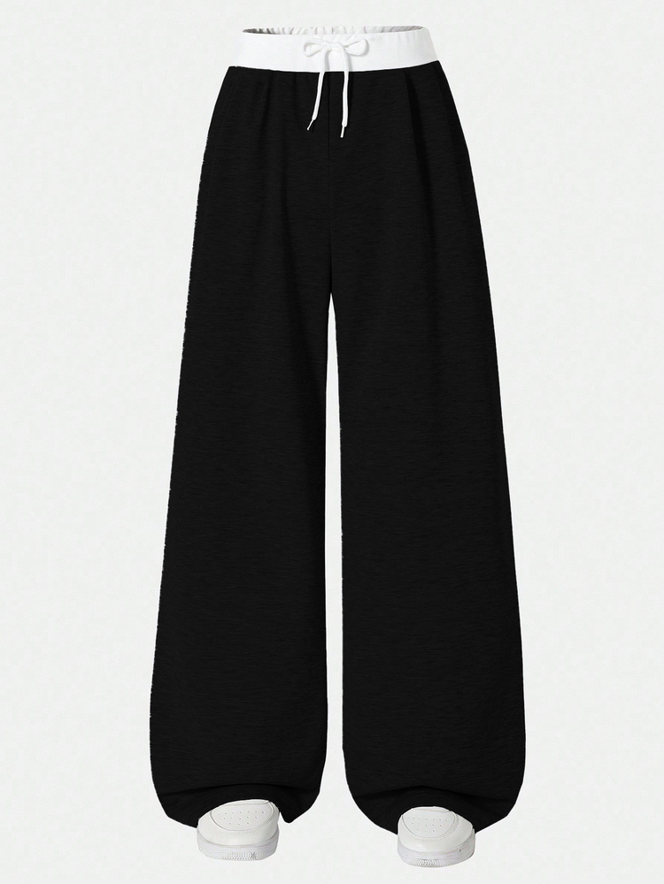 SHEIN Sparklyn Teen Girls High Waist Drawstring Hem Wide Leg Straight Casual Pants Fall Winter, Minimalist, Back To School, Outfit - Black - View 2