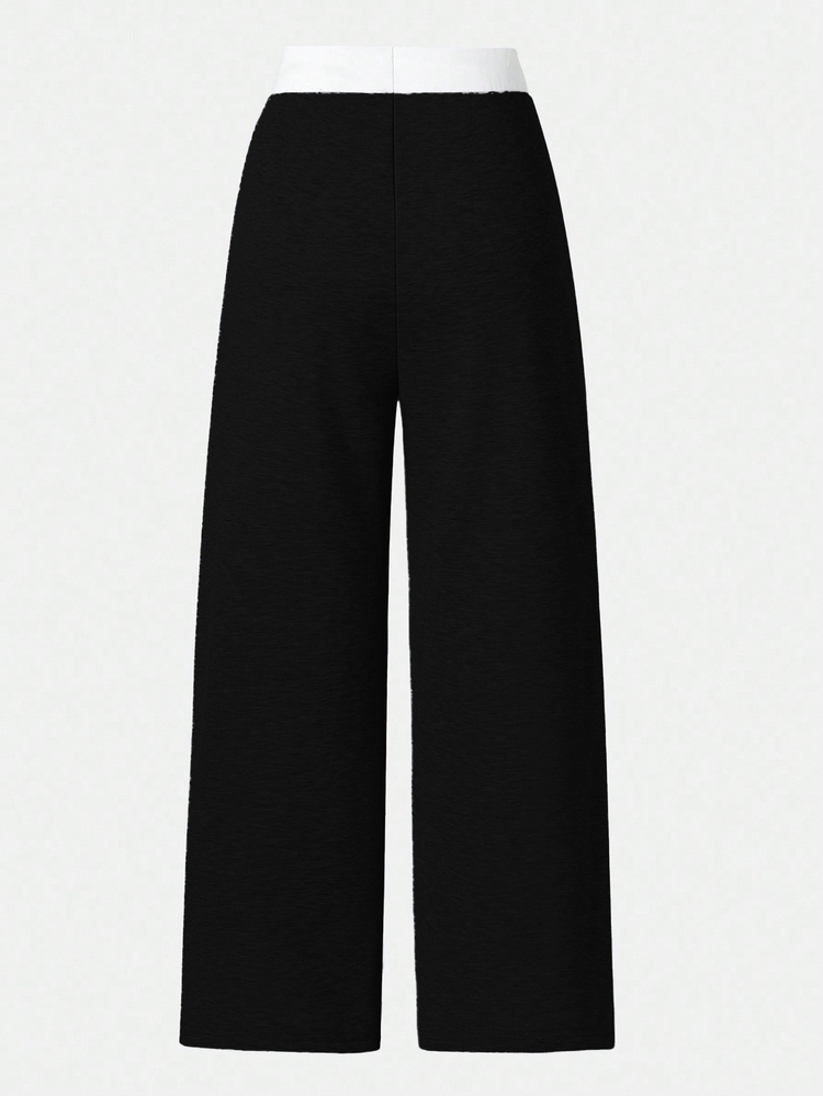 SHEIN Sparklyn Teen Girls High Waist Drawstring Hem Wide Leg Straight Casual Pants Fall Winter, Minimalist, Back To School, Outfit - Black - View 3