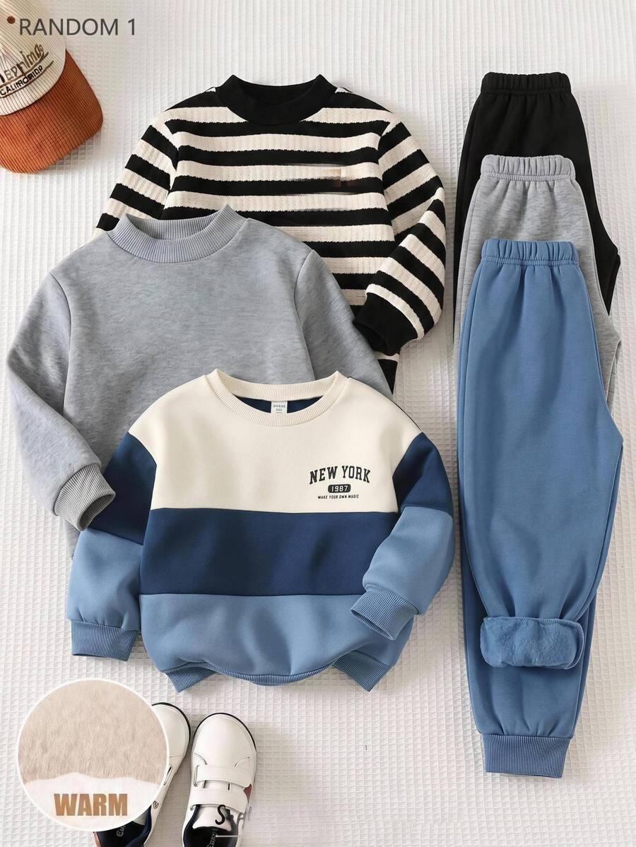 SHEIN 男嬰/小男孩通用款寬鬆拼色藍色刷毛加厚抓絨內裡套頭運動衫，適合冬季