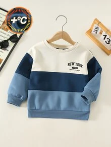 SHEIN 男嬰/小男孩通用款寬鬆拼色藍色刷毛加厚抓絨內裡套頭運動衫，適合冬季 - 藍色 - 查看 3