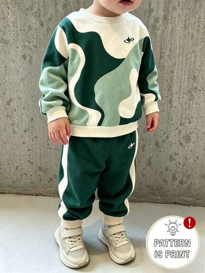 SHEIN 2pcs Young Boy Cool Graphic & Geometric Fashion Print Crew Neck Sweatshirt & Sweatpants Set, Casual Sportswear For Holiday Party, Spring/Autumn/Winter, Comfortable & Easy To Wear, Autumn First Choice, Streetwear, Outing, Back To School, Outdoor