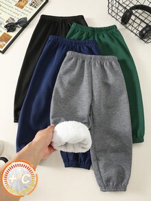 SHEIN 4件裝小男孩舒適時尚簡約實用長褲，適合生日、開學首日、假期穿著 - 彩色 - 查看 3
