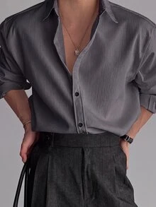Manfinity Hypemode Men's Versatile Button-Up Textured Business Shirt - Dark Grey - View 3