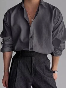 Manfinity Hypemode Men's Versatile Button-Up Textured Business Shirt - Dark Grey - View 1
